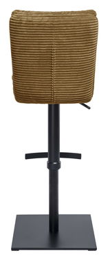 Rückansicht eines Barhockers mit braunem, geripptem Stoffbezug und schwarzem Metallgestell.