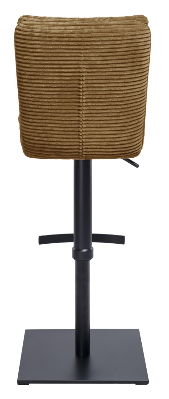 Achterkant van een barkruk met een bruine, geribbelde stoffen bekleding en een zwart metalen frame.