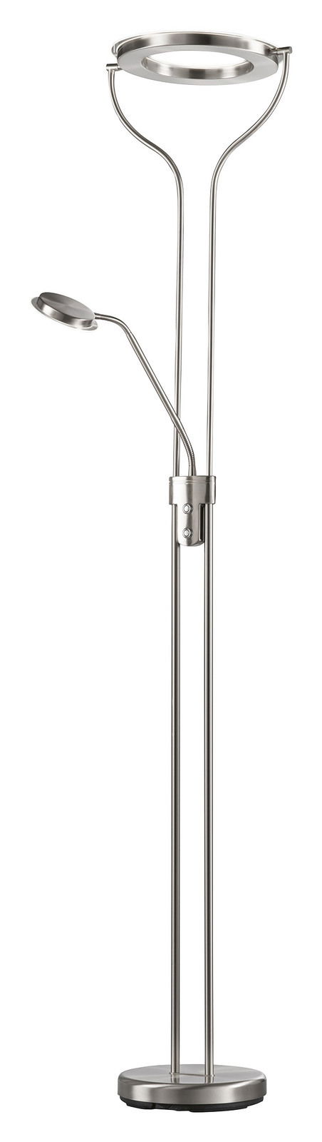 Moderne Stehleuchte Davos aus Metall mit zwei Leuchtköpfen, frontal abgebildet.