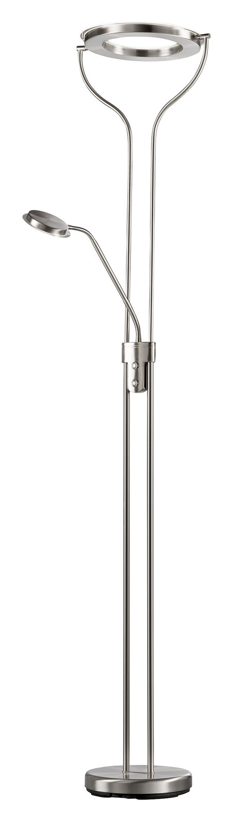 Moderne Stehleuchte Davos aus Metall mit zwei Leuchtköpfen, frontal abgebildet.