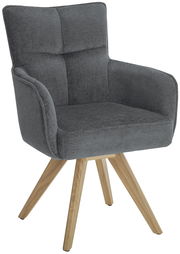 Grauer Armlehnstuhl mit Holzbeinen, seitliche Perspektive