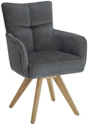 Grauer Armlehnstuhl mit Holzbeinen, seitliche Perspektive