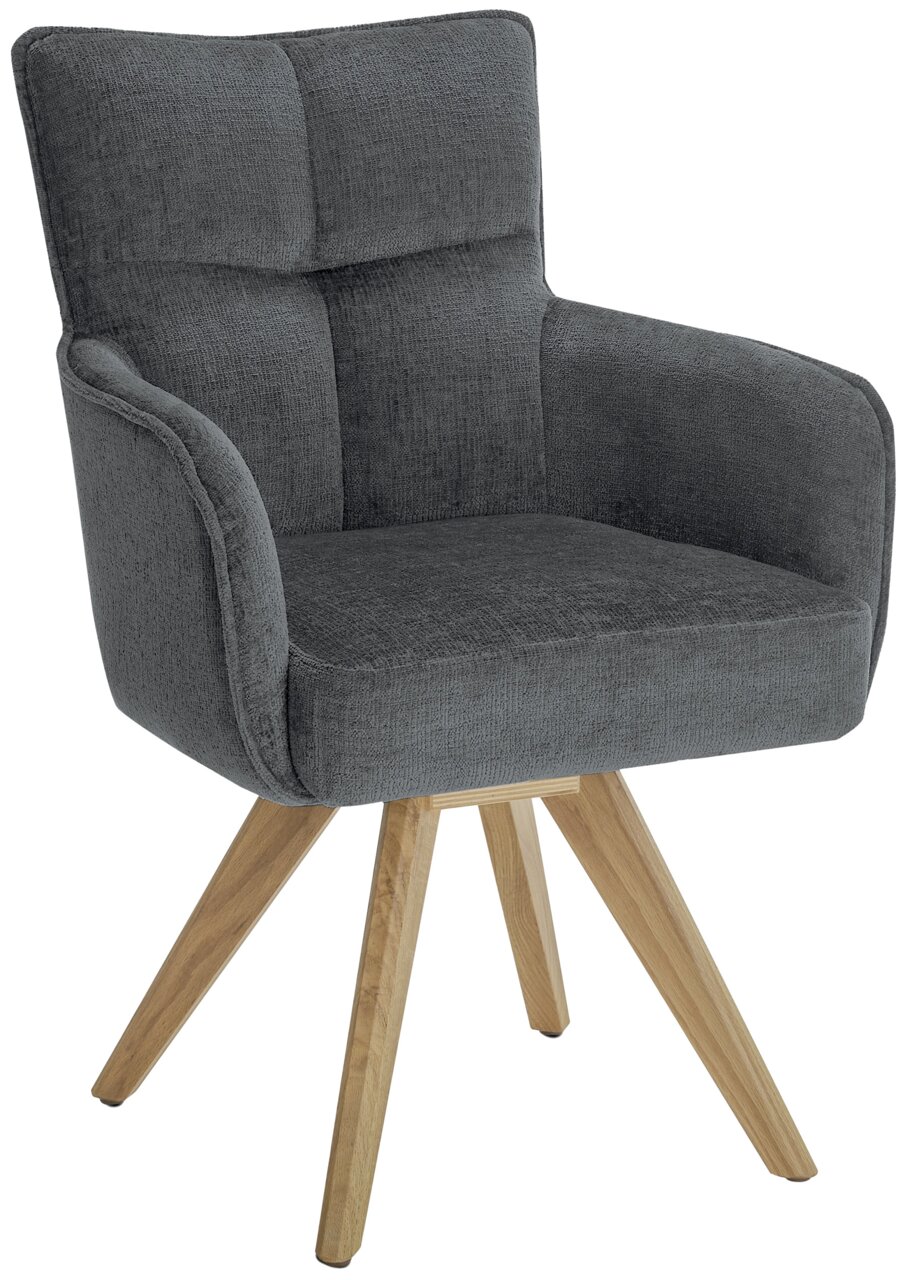 Grauer Armlehnstuhl mit Holzbeinen, seitliche Perspektive