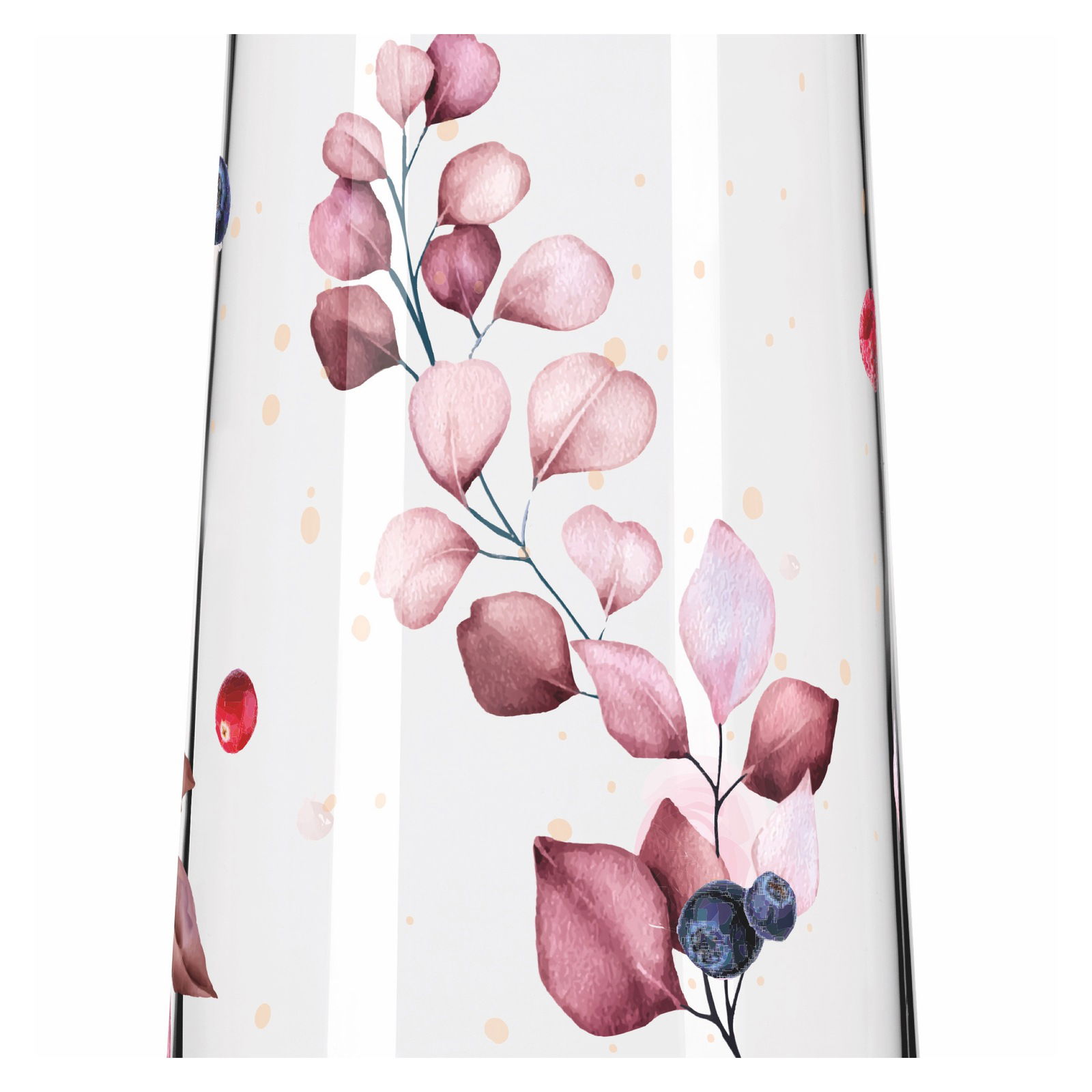 Nahaufnahme eines Longdrinkbechers mit floralen Mustern in Rosa- und Blautönen, seitliche Perspektive