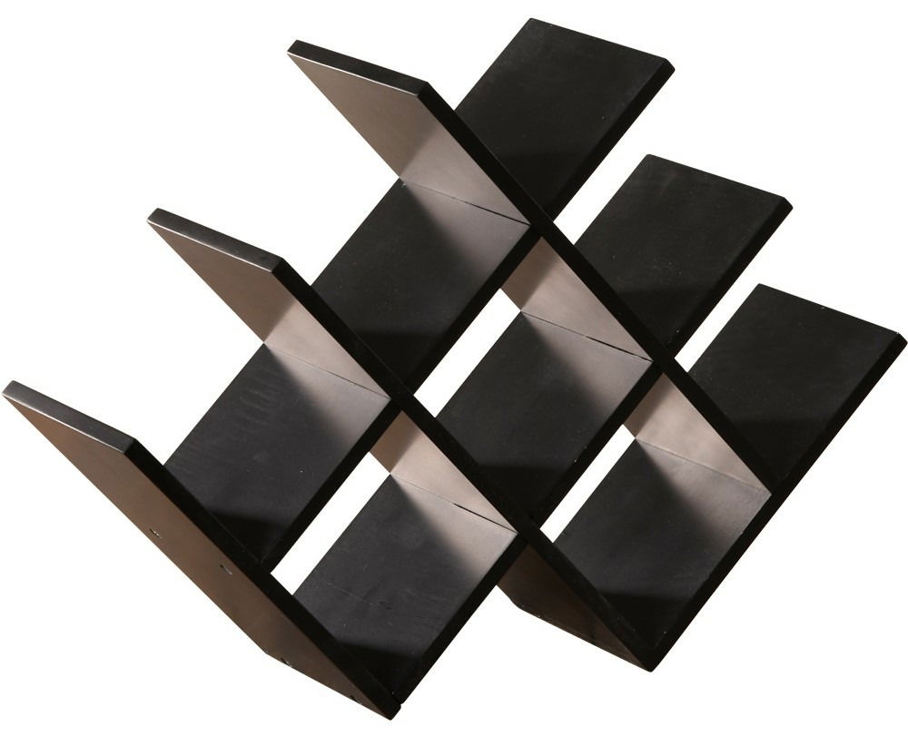 Schwarzes Weinregal aus MDF, diagonal von oben fotografiert, mit Platz für mehrere Flaschen.