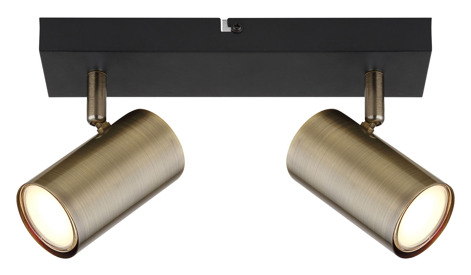 Zweiflammiger Strahler in Altmessing-Optik, von unten betrachtet, mit schwarzer Deckenhalterung.