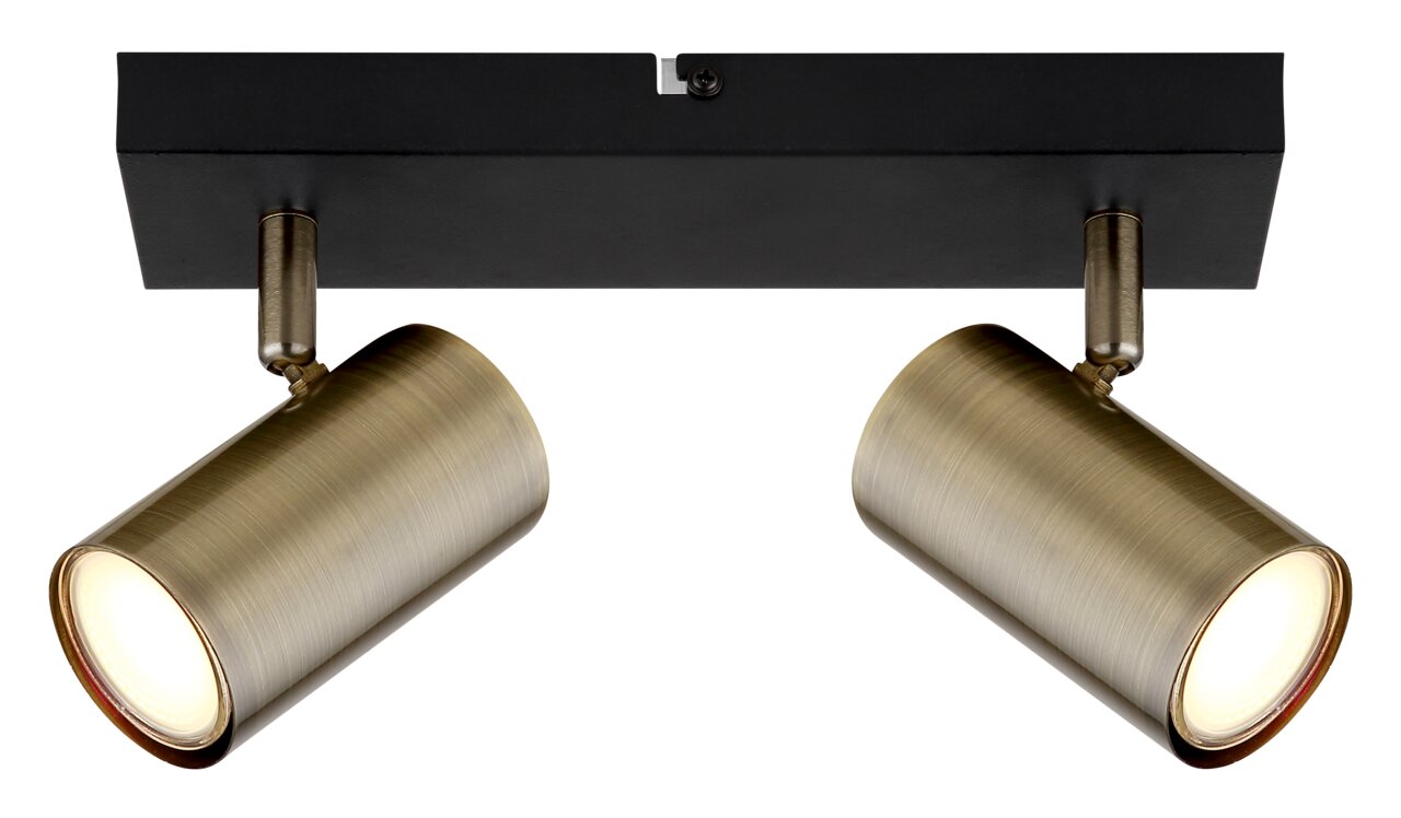 Zweiflammiger Strahler in Altmessing-Optik, von unten betrachtet, mit schwarzer Deckenhalterung.