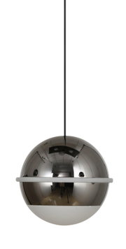 Moderne LED-Pendelleuchte in Kugelform, silberfarben, mit glänzender Oberfläche, aus der Frontalperspektive.