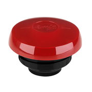 Roter Deckel einer Isolierkanne, seitliche Perspektive