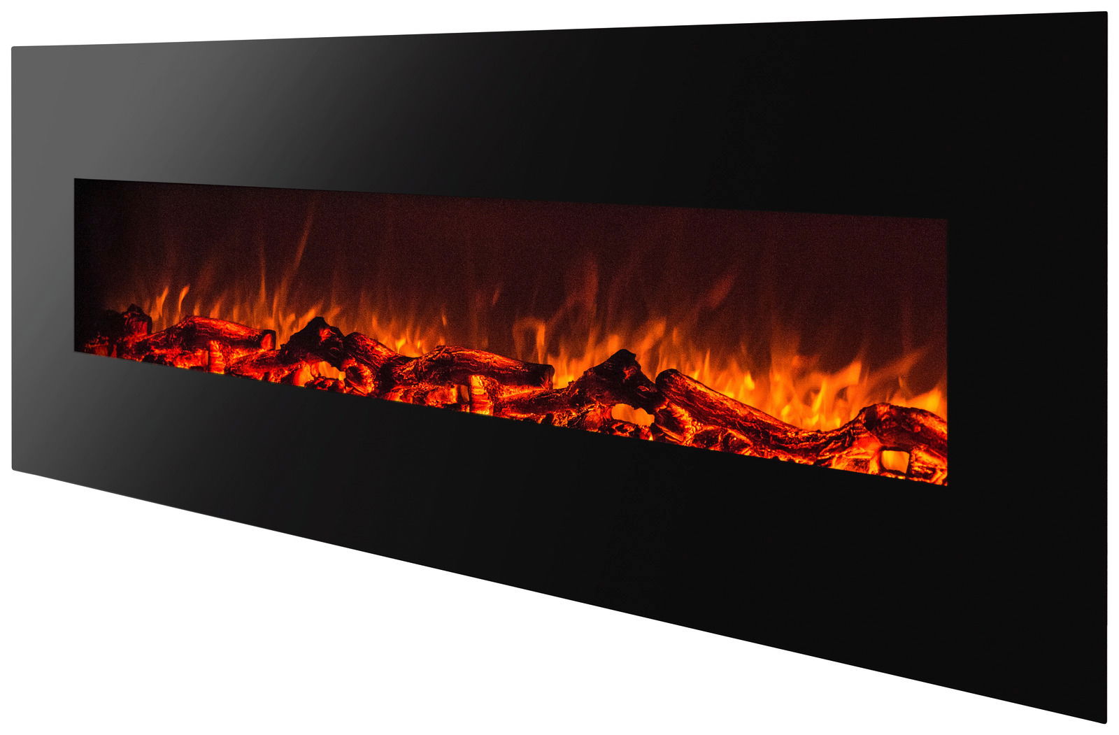 Moderner Elektrokamin mit realistischem Flammeneffekt, seitliche Perspektive