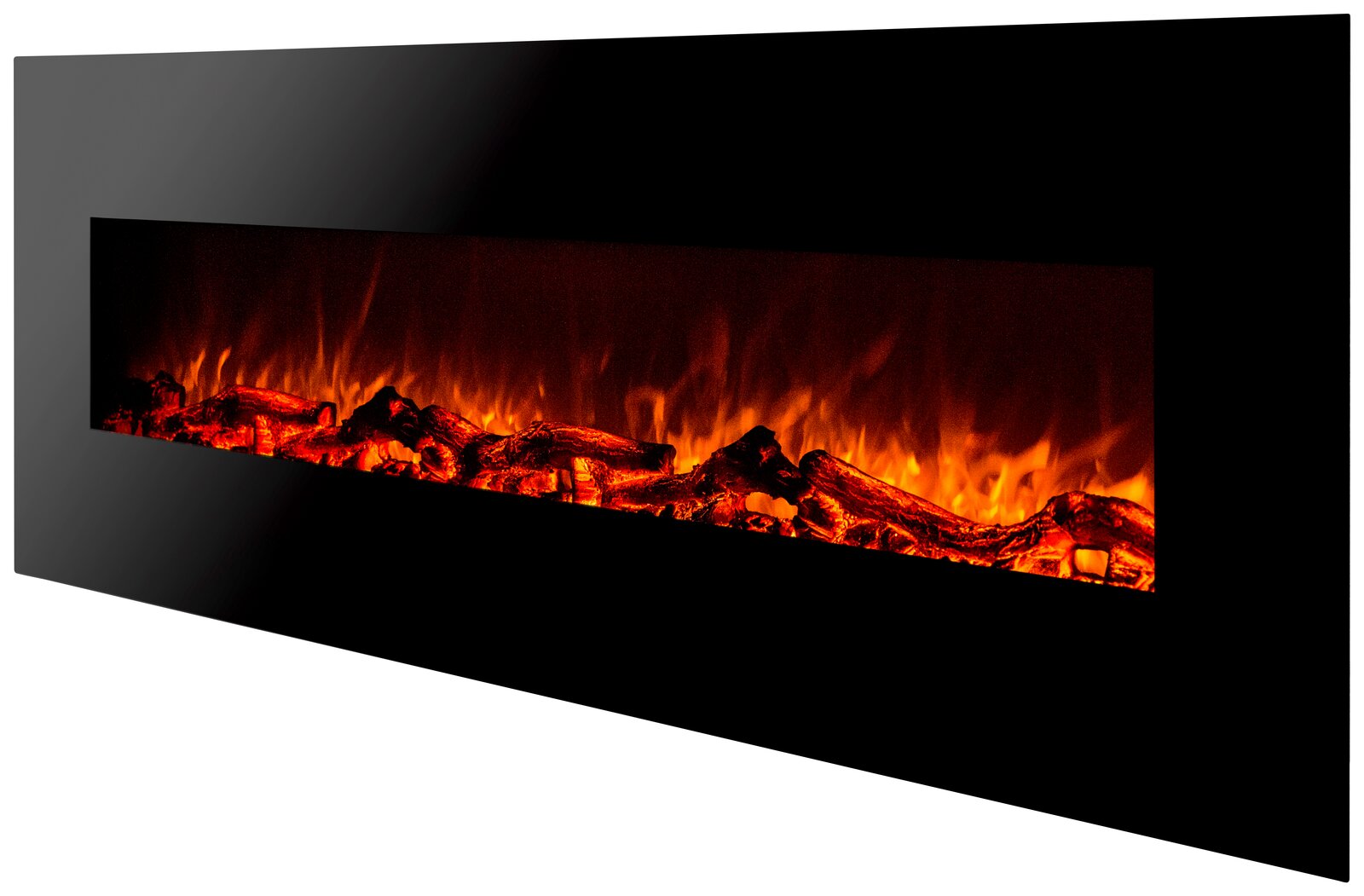 Moderner Elektrokamin mit realistischem Flammeneffekt, seitliche Perspektive