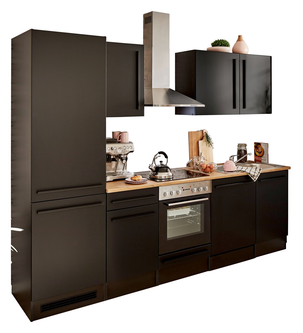 Yourkitchen Küchenblock 280 JAZZ Moderne Küchenzeile in dunklem Design mit Herd, Dunstabzugshaube und Oberschränken, seitliche Perspektive