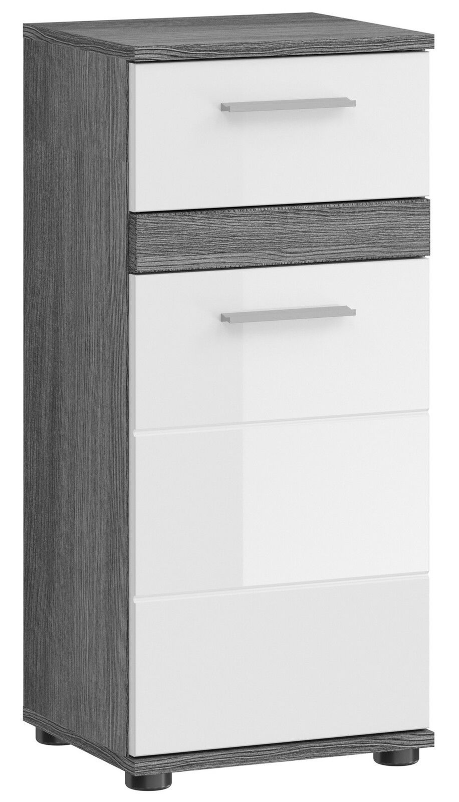 Moderner Standschrank mit grauer Holzoptik und weißen Schubladen, seitliche Perspektive