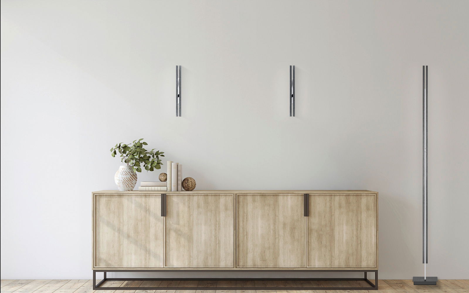Moderne LED-Wandleuchte BEN in einem stilvollen Wohnzimmer, frontal an der Wand montiert, neben einem eleganten Sideboard.