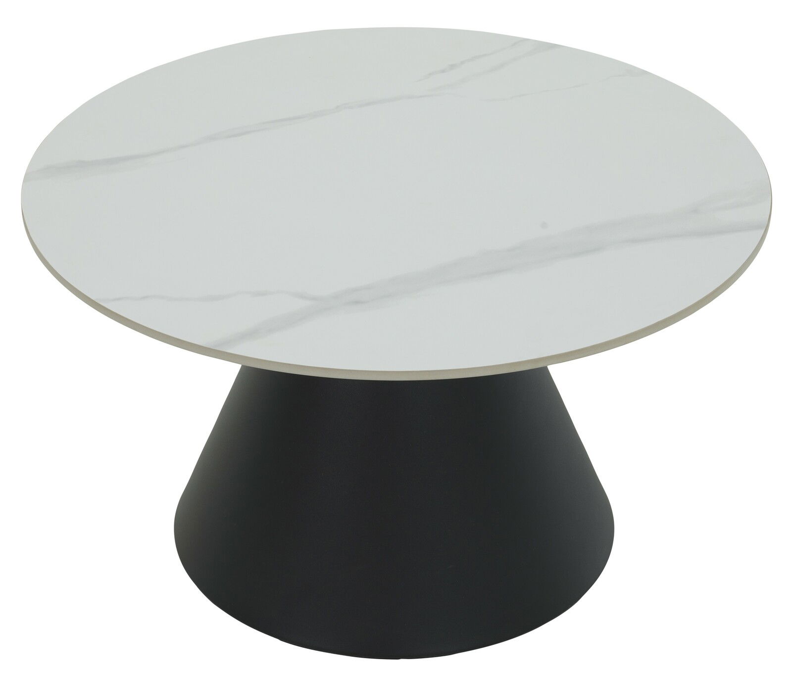 Runder Couchtisch mit weißer Marmoroptik-Tischplatte und schwarzem konischen Sockel, seitliche Perspektive