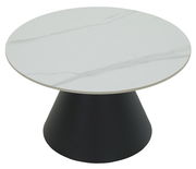 Runder Couchtisch mit weißer Marmoroptik-Tischplatte und schwarzem konischen Sockel, seitliche Perspektive