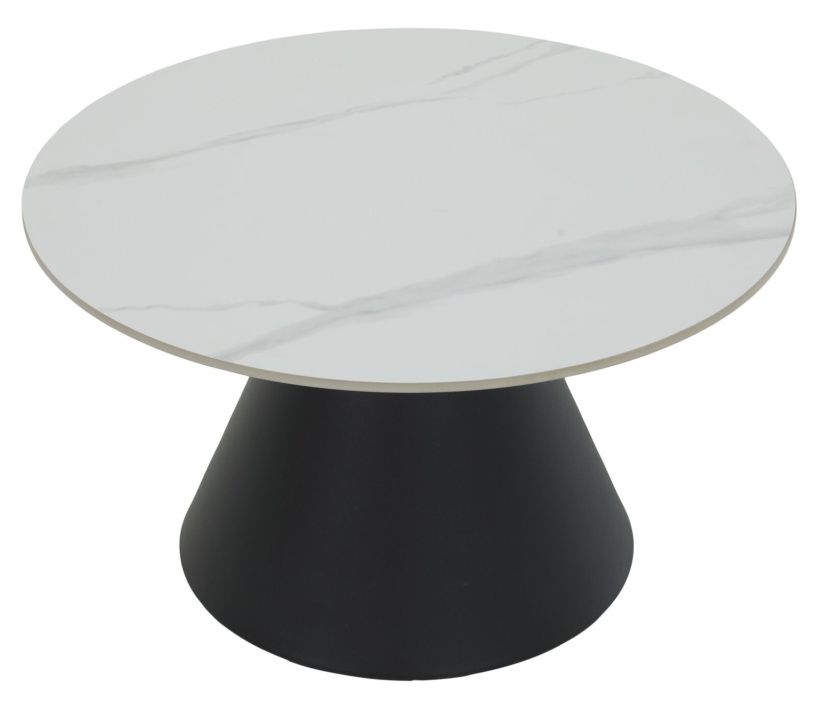 Runder Couchtisch mit weißer Marmoroptik-Tischplatte und schwarzem konischen Sockel, seitliche Perspektive