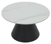 Runder Couchtisch mit weißer Marmoroptik-Tischplatte und schwarzem konischen Sockel, seitliche Perspektive