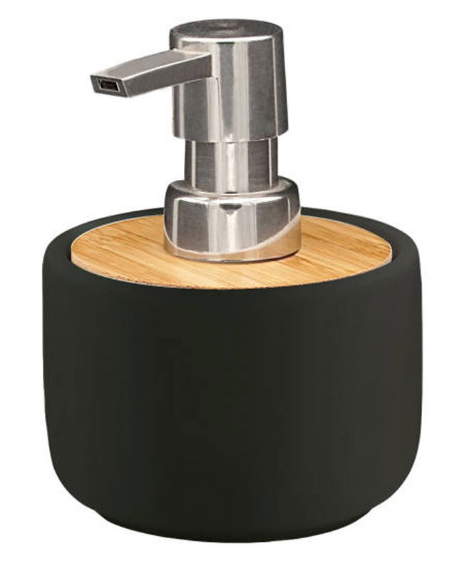Schwarzer Seifenspender Marlene mit silbernem Pumpkopf und Holzdeckel, seitliche Perspektive