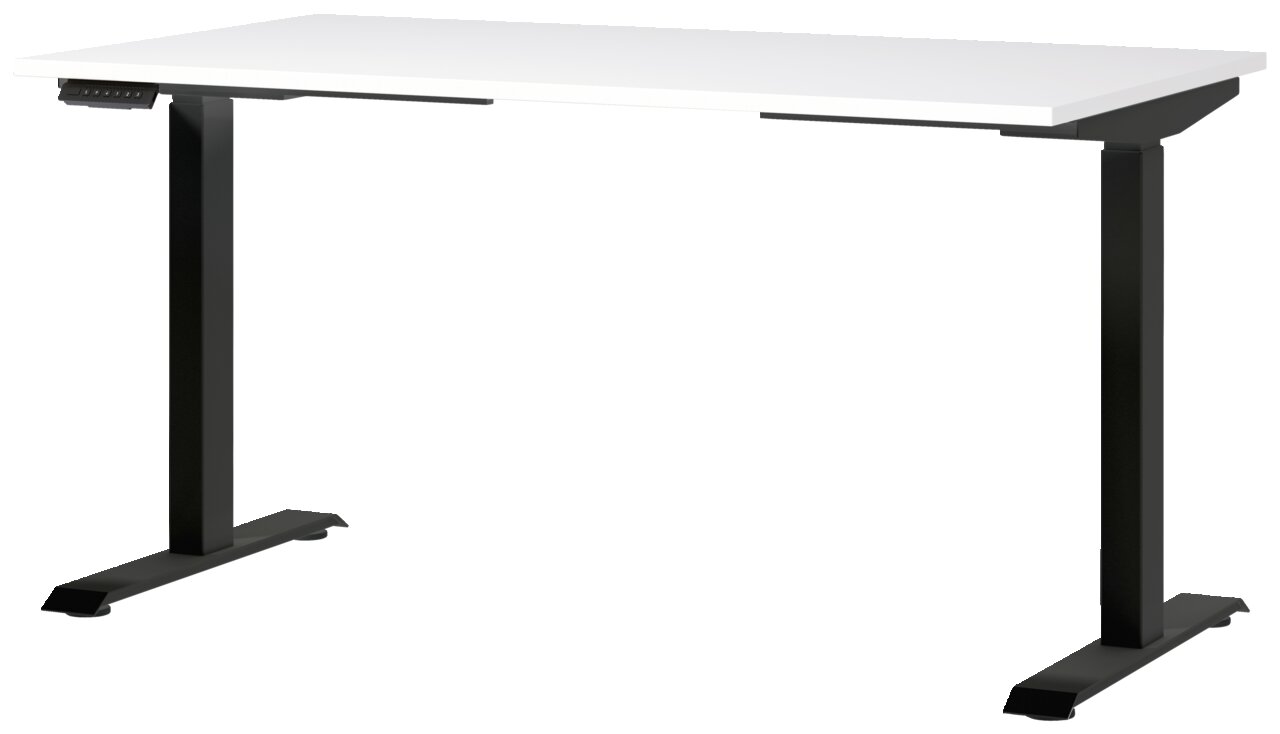 Moderner E-Schreibtisch mit weißer Tischplatte und schwarzem Gestell, seitliche Perspektive