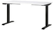 Moderner E-Schreibtisch mit weißer Tischplatte und schwarzem Gestell, seitliche Perspektive