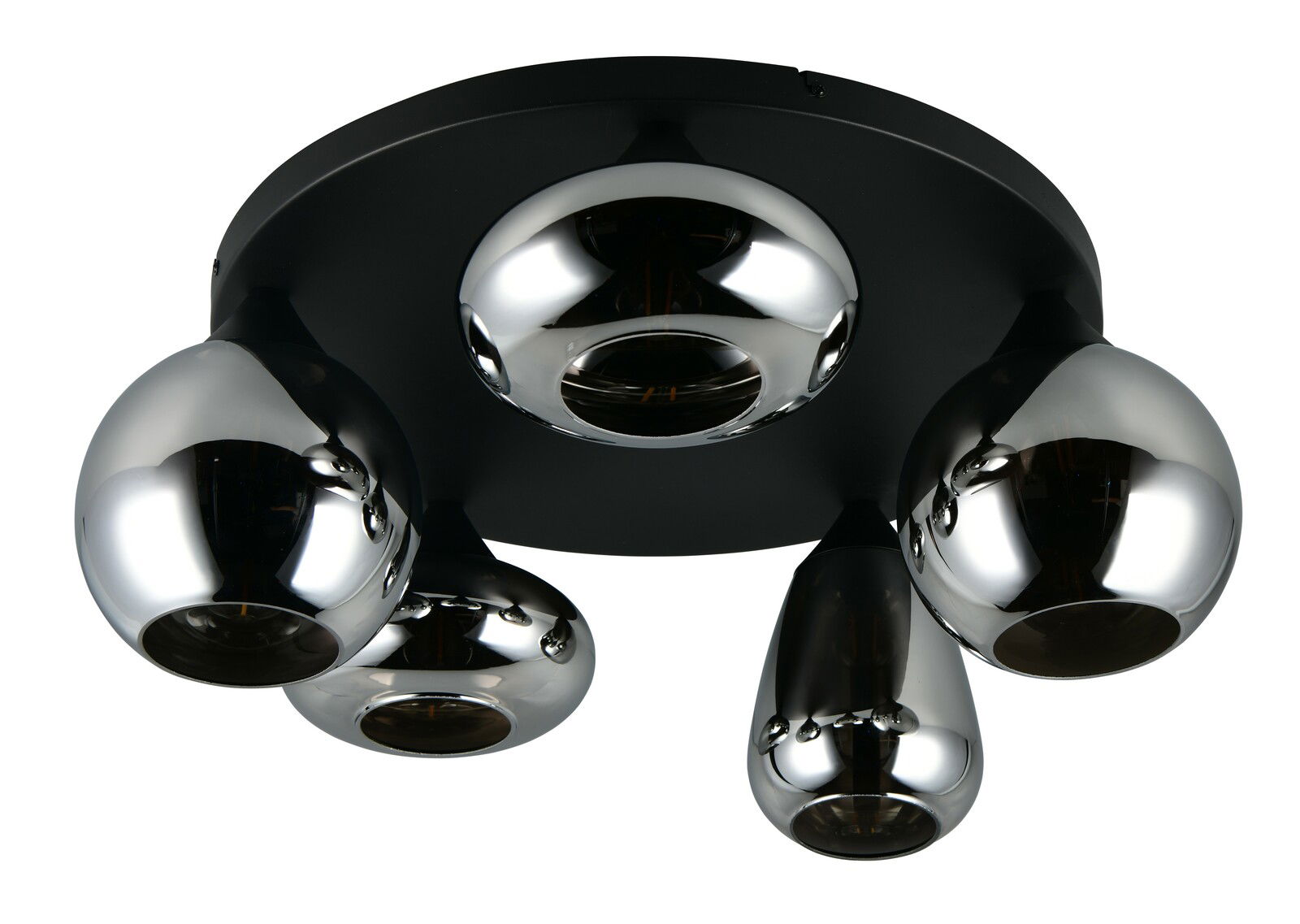 Moderne Deckenleuchte mit fünf glänzenden, chromfarbenen Strahlern, Ansicht von unten.