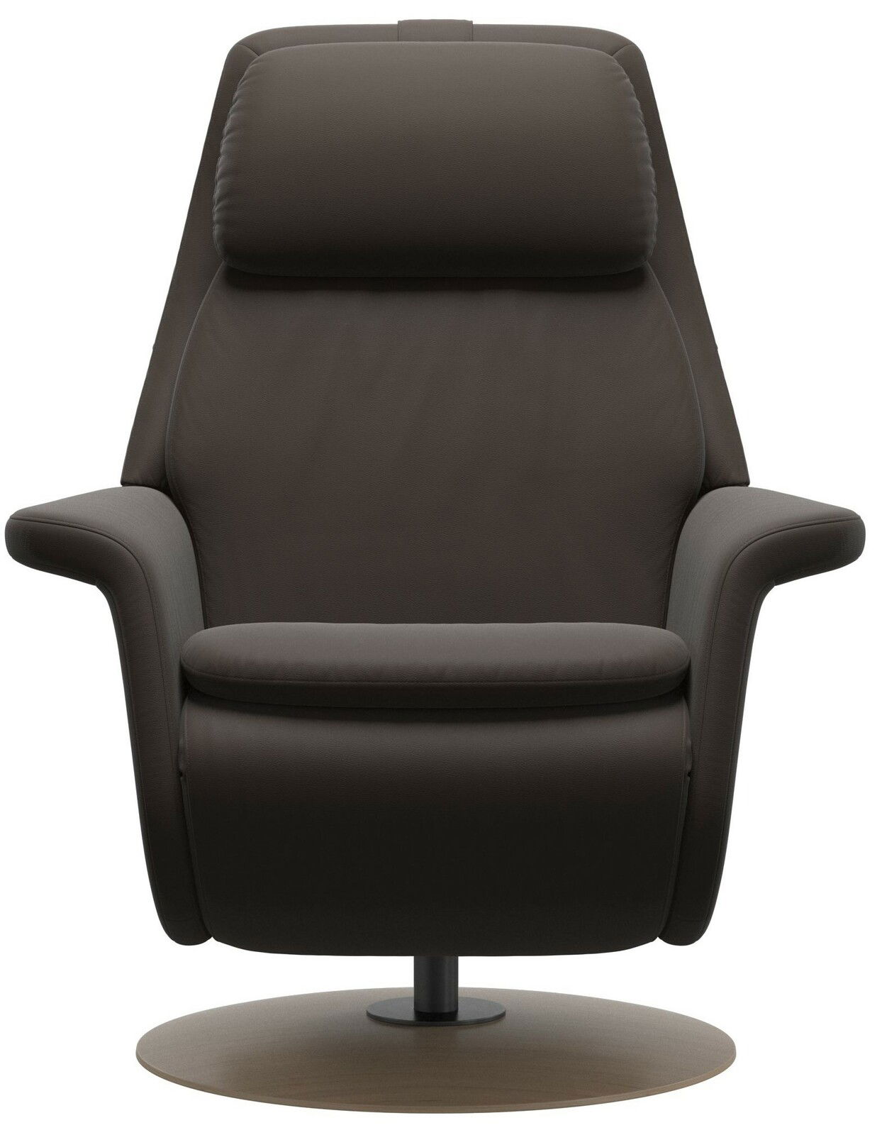 Brauner Fernsehsessel aus Leder mit runder Basis, Frontalansicht