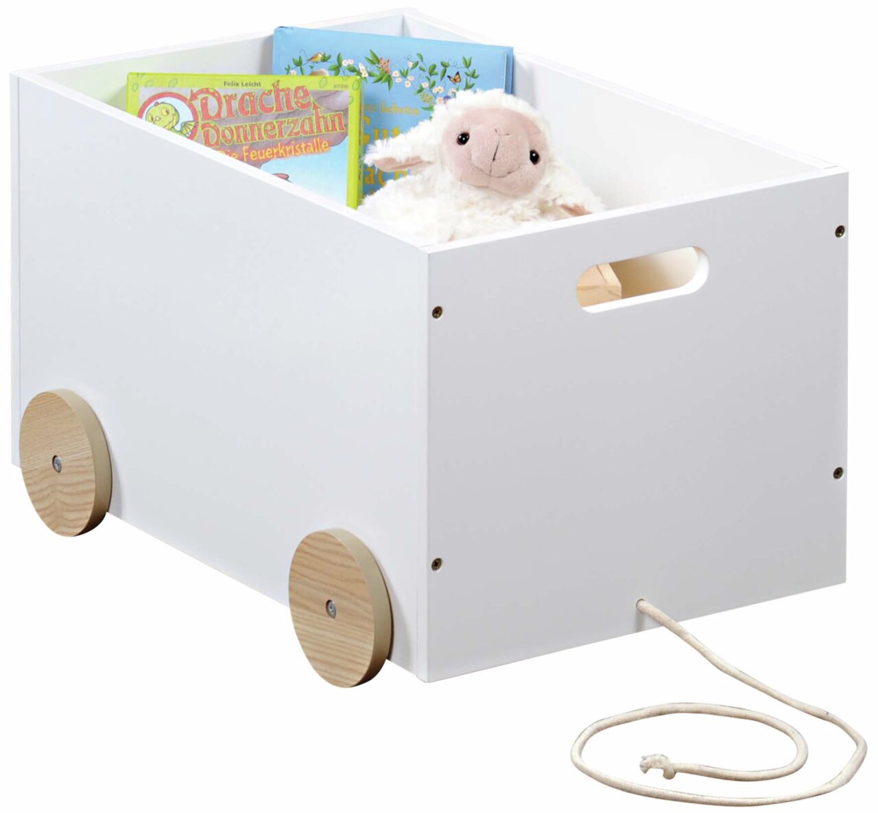 Weiße Spielzeugkiste mit Rollen, gefüllt mit einem Plüschtier und Büchern, seitliche Perspektive