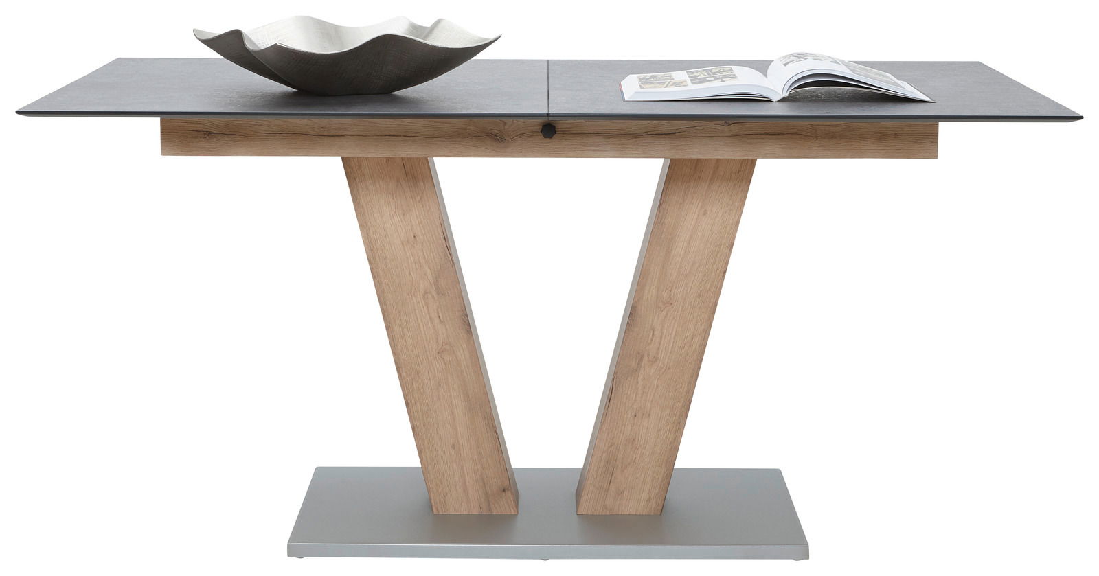 Moderner Esstisch mit V-förmigem Holzgestell und grauer Tischplatte, seitliche Perspektive