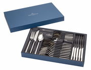 Elegantes 30-teiliges Tafelbesteck-Set NewWave in blauer Geschenkbox, von oben betrachtet.