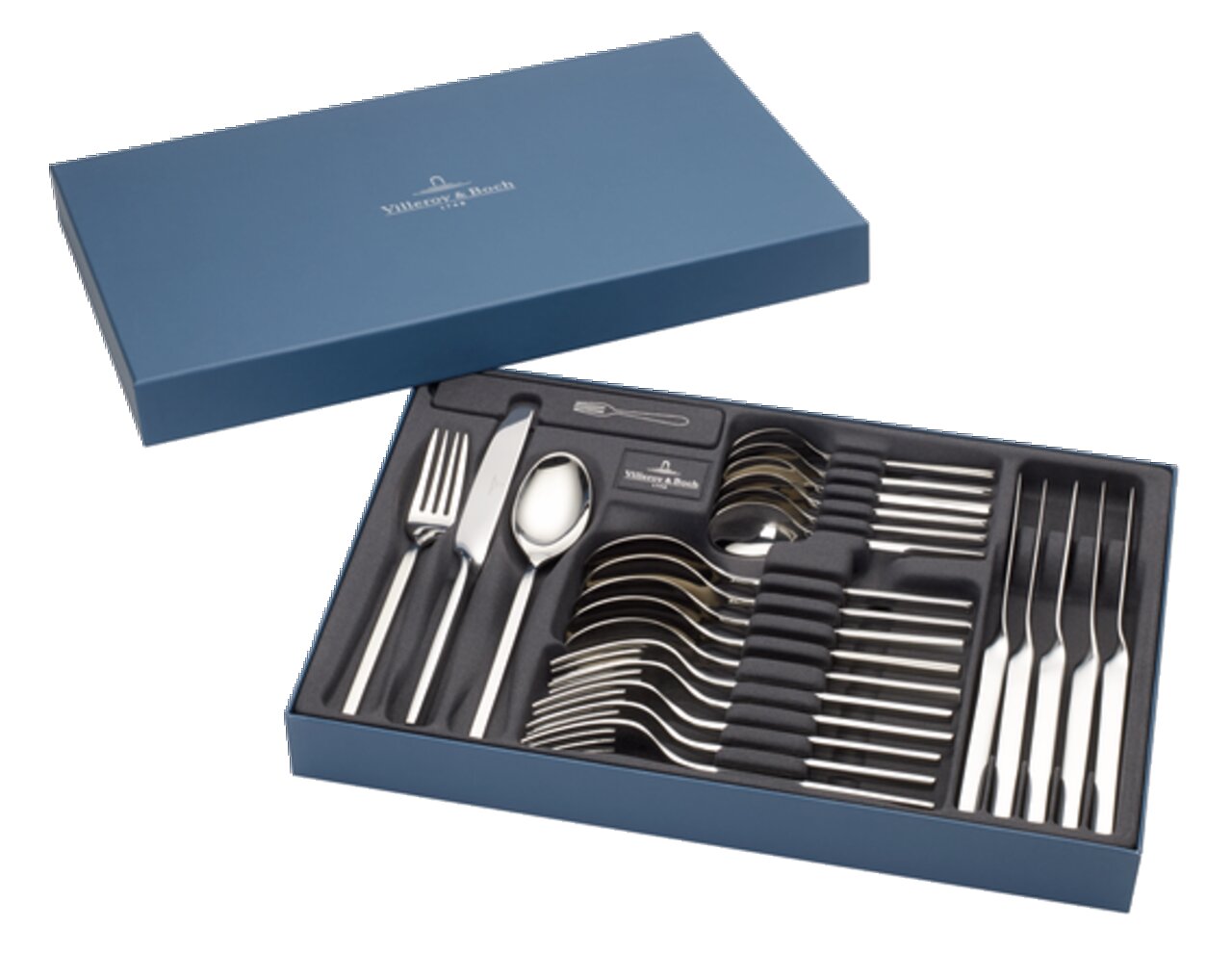 Elegantes 30-teiliges Tafelbesteck-Set NewWave in blauer Geschenkbox, von oben betrachtet.