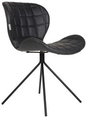 Moderner schwarzer Stuhl mit gepolsterter Sitzfläche und Rückenlehne, seitliche Perspektive