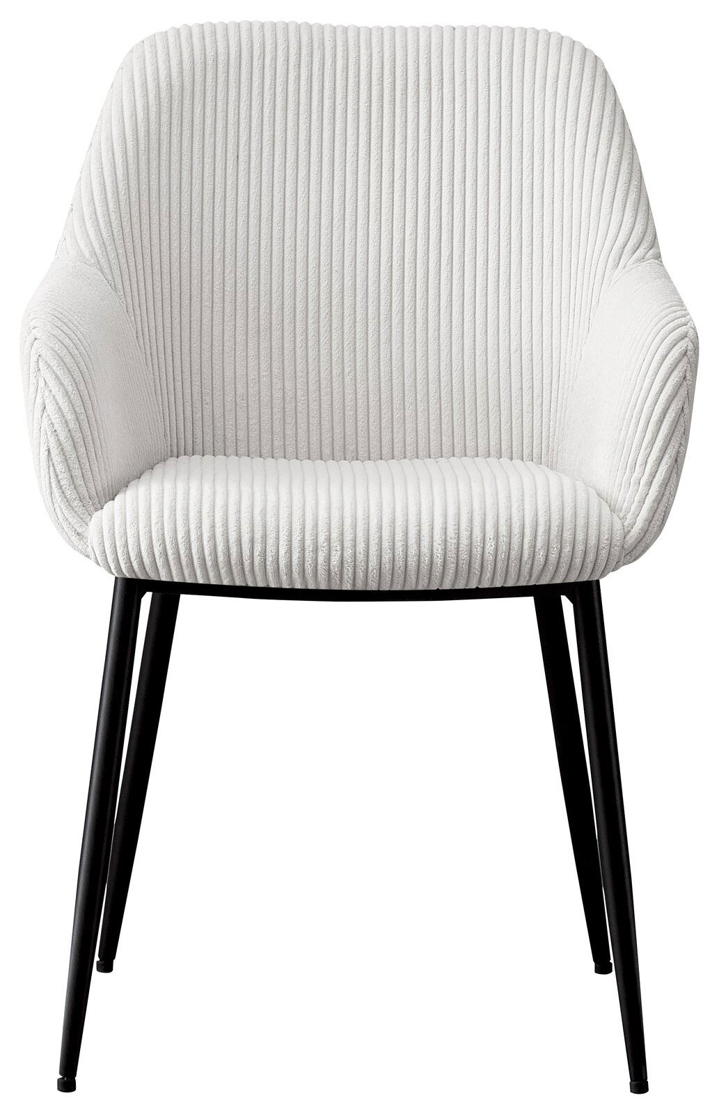 Weißer Armlehnstuhl mit geripptem Stoffbezug und schwarzen Metallbeinen, Frontalansicht