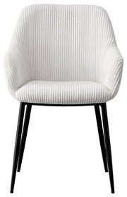 Weißer Armlehnstuhl mit geripptem Stoffbezug und schwarzen Metallbeinen, Frontalansicht