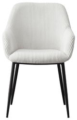 Weißer Armlehnstuhl mit geripptem Stoffbezug und schwarzen Metallbeinen, Frontalansicht