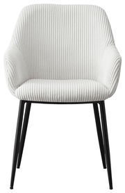 Weißer Armlehnstuhl mit geripptem Stoffbezug und schwarzen Metallbeinen, Frontalansicht