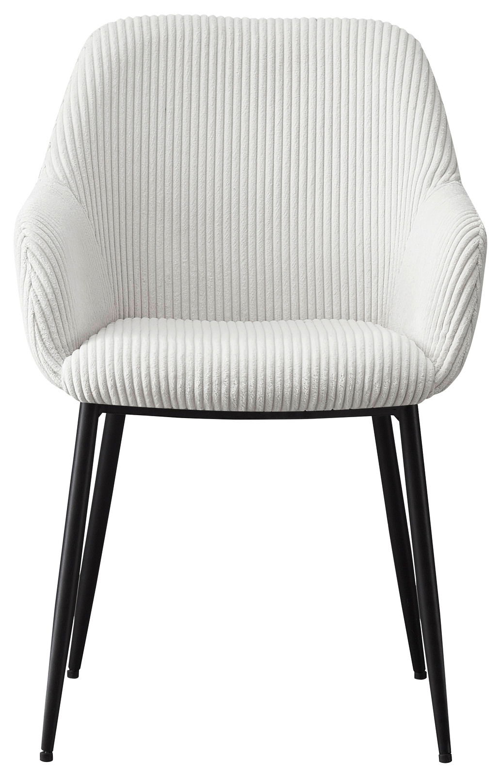 Weißer Armlehnstuhl mit geripptem Stoffbezug und schwarzen Metallbeinen, Frontalansicht
