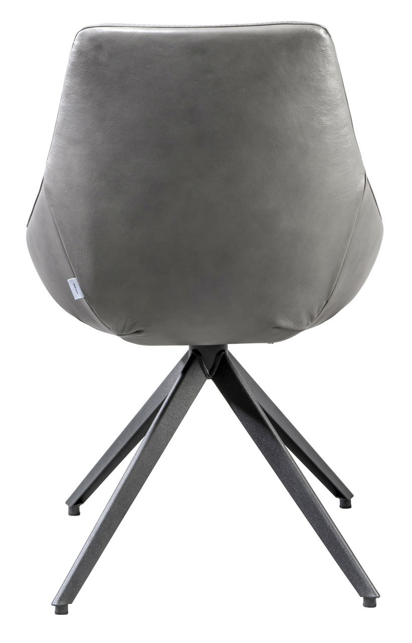Rückansicht eines modernen Stuhls mit grauem Polster und schwarzem Metallgestell.