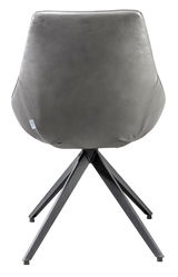 Rückansicht eines modernen Stuhls mit grauem Polster und schwarzem Metallgestell.