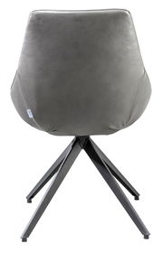 Rückansicht eines modernen Stuhls mit grauem Polster und schwarzem Metallgestell.