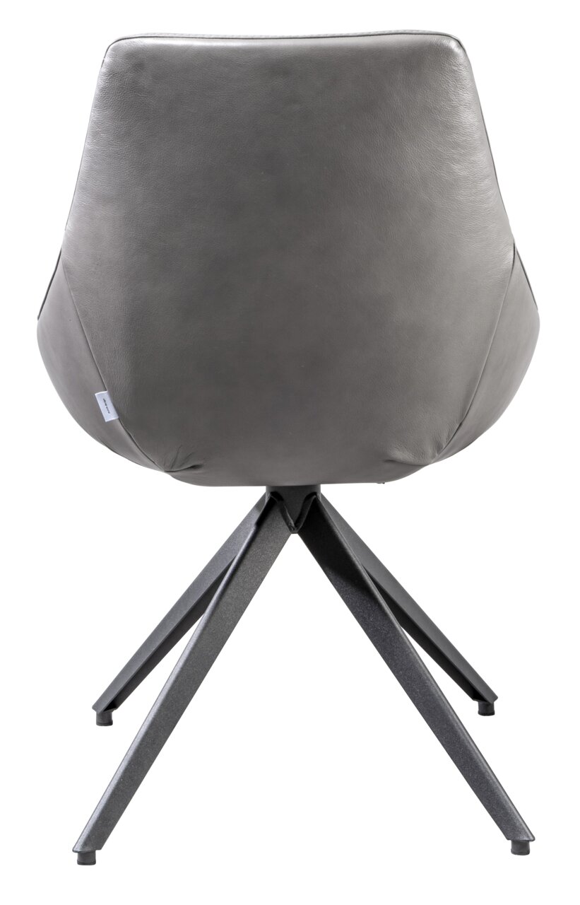 Achterkant van een moderne stoel met grijze bekleding en een zwart metalen frame.