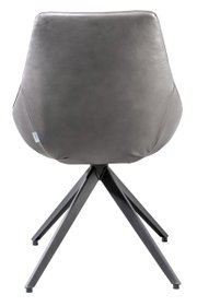 Achterkant van een moderne stoel met grijze bekleding en een zwart metalen frame.