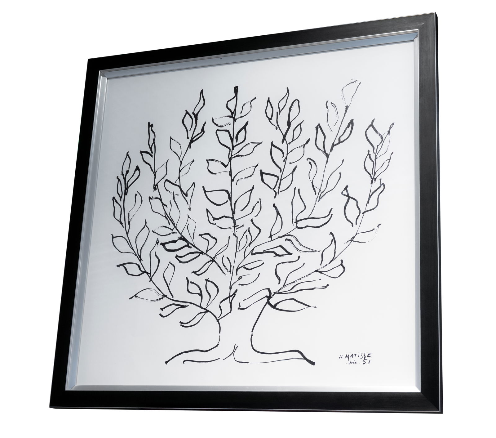 Schwarz-weißes Kunstwerk mit Pflanzenmotiv in einem schwarzen Rahmen, seitliche Perspektive