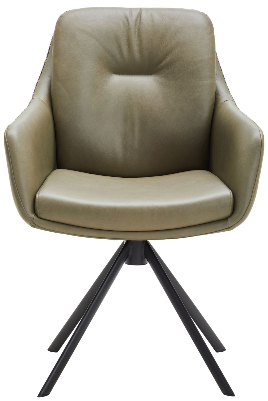 Waldwelt Armlehnstuhl ARUBA Moderner Armlehnstuhl in olivgrünem Leder mit schwarzem Metallgestell, Frontalansicht