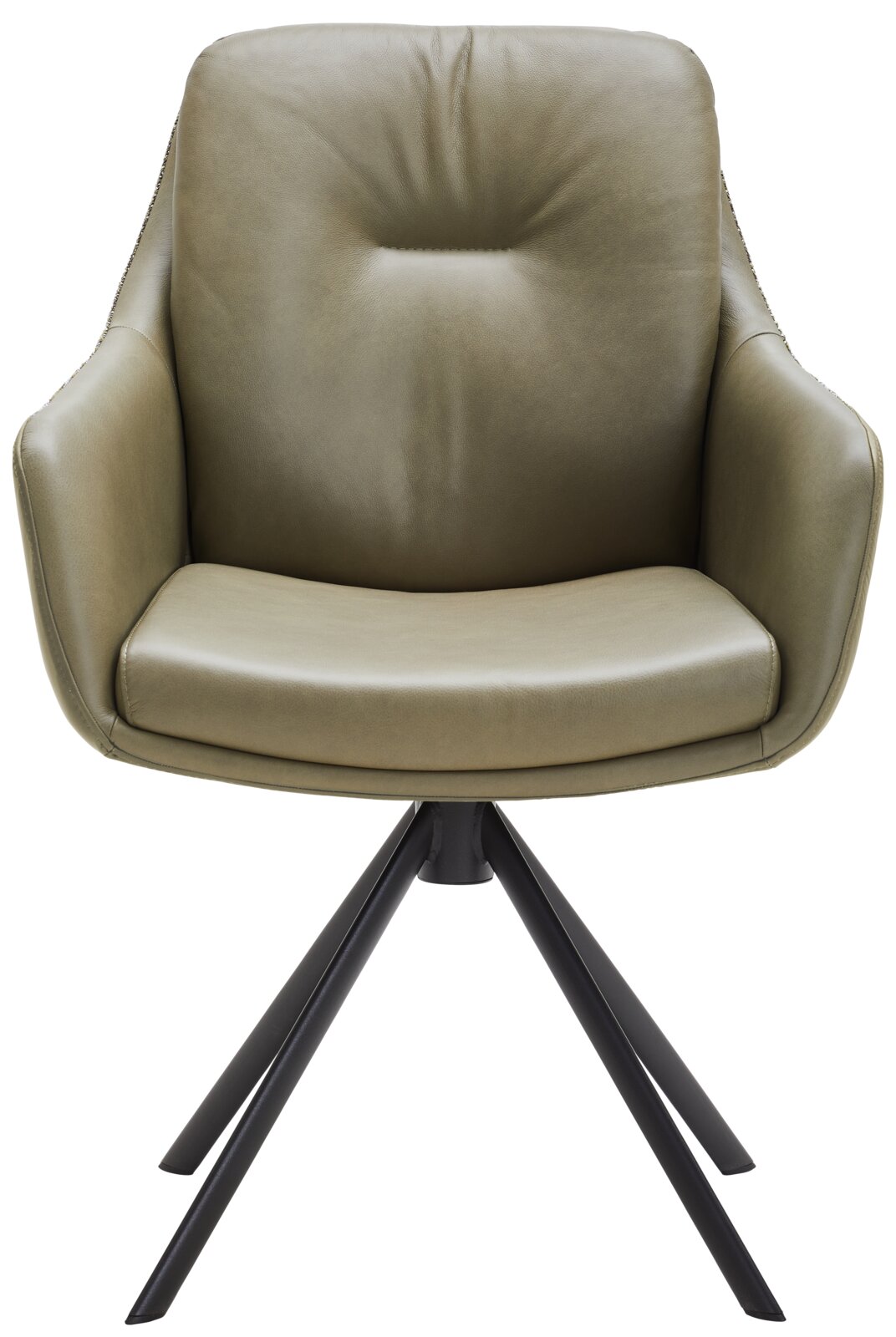 Waldwelt Armlehnstuhl ARUBA Moderner Armlehnstuhl in olivgrünem Leder mit schwarzem Metallgestell, Frontalansicht