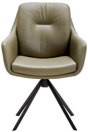 Moderner Armlehnstuhl in olivgrünem Leder mit schwarzem Metallgestell, Frontalansicht