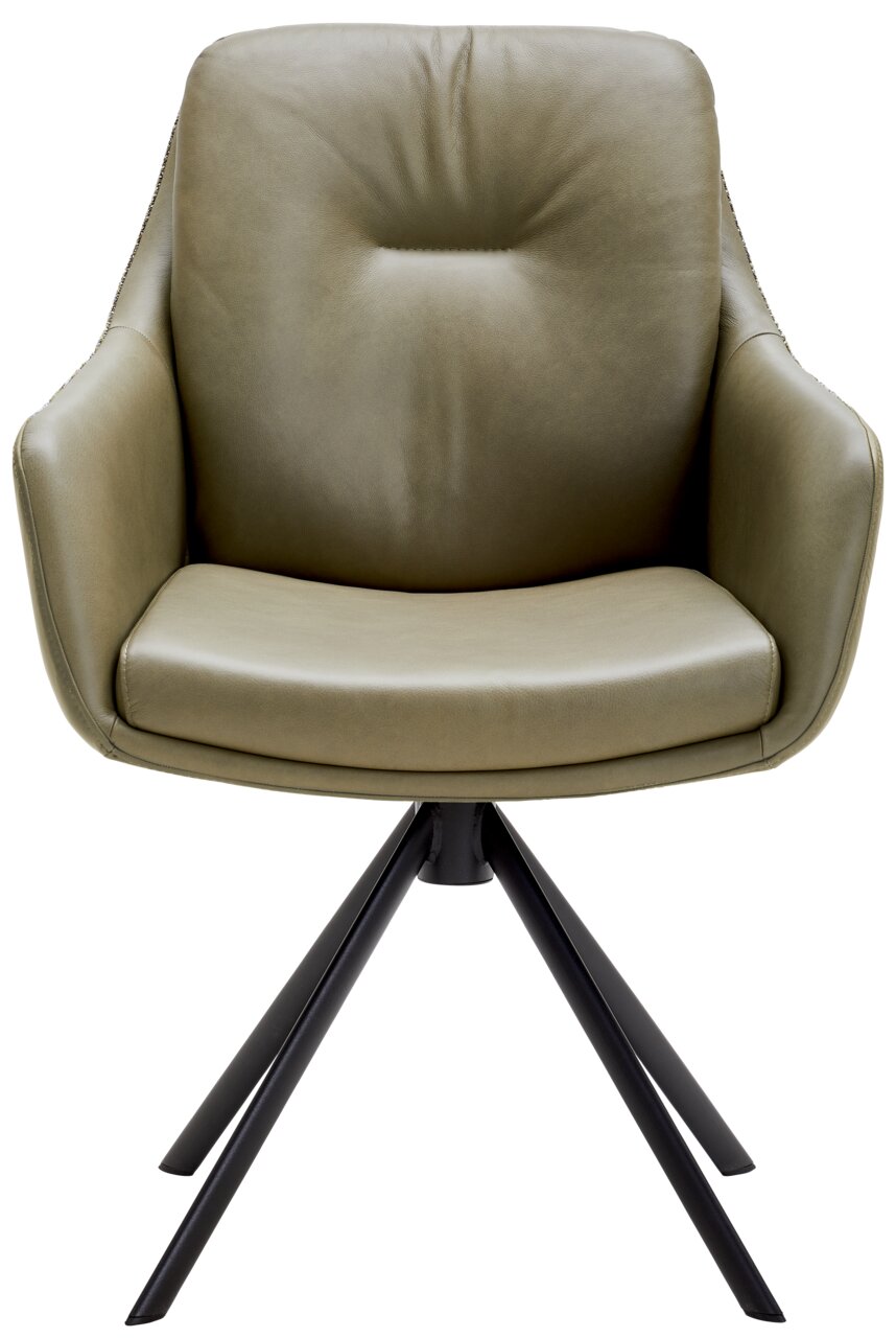 Moderner Armlehnstuhl in olivgrünem Leder mit schwarzem Metallgestell, Frontalansicht