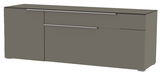 Modernes TV-Lowboard in grauer Farbe mit zwei Schubladen und einer Tür, seitliche Perspektive