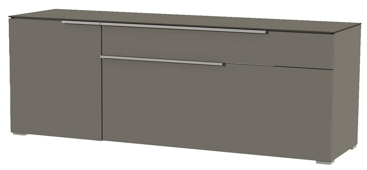 Modernes TV-Lowboard in grauer Farbe mit zwei Schubladen und einer Tür, seitliche Perspektive