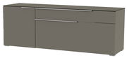 Modernes TV-Lowboard in grauer Farbe mit zwei Schubladen und einer Tür, seitliche Perspektive